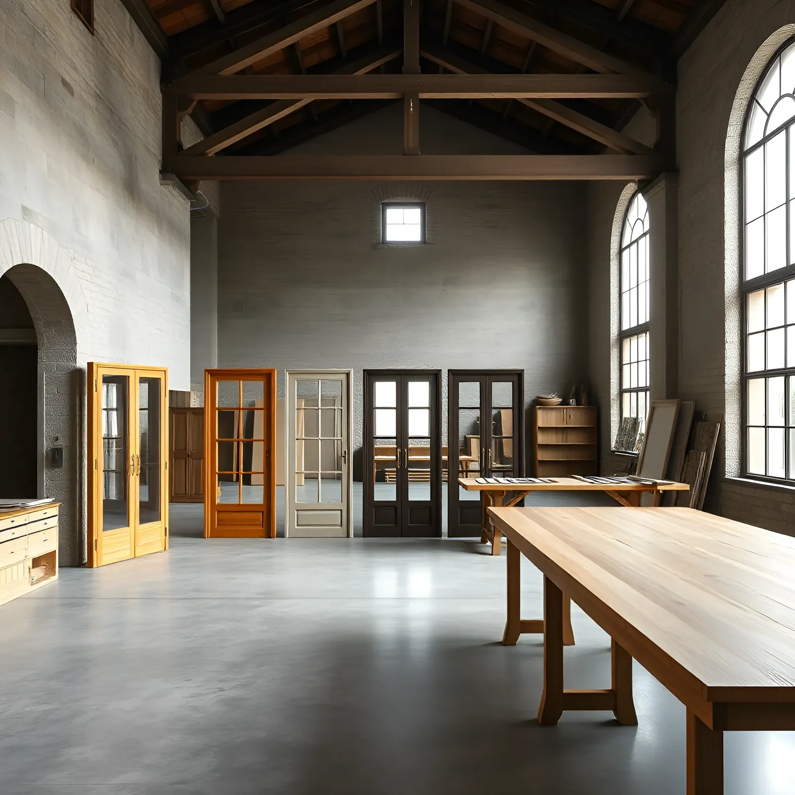 Sample window frames standing in the Porto atelier