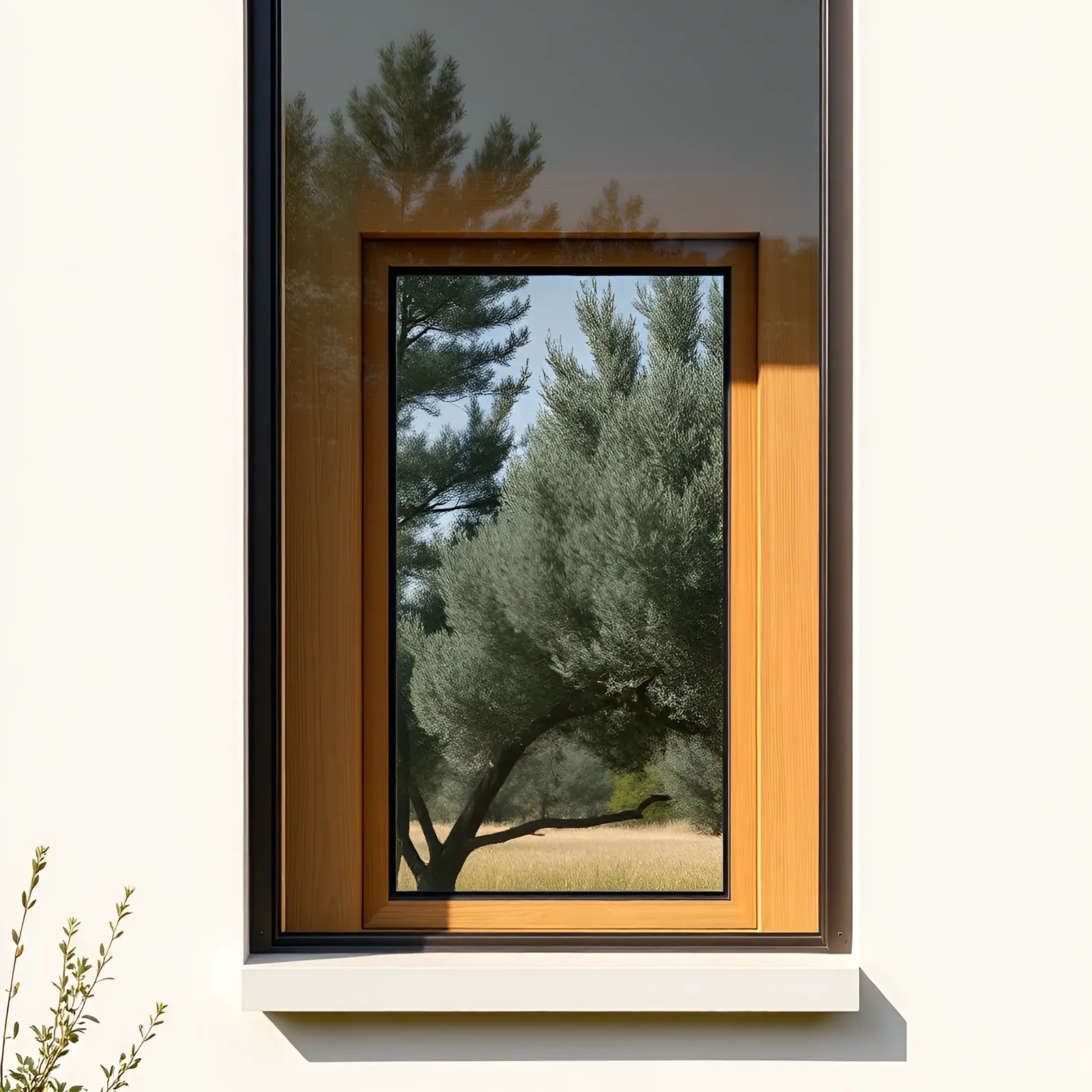 Floor-to-ceiling oak windows set in pale limestone walls